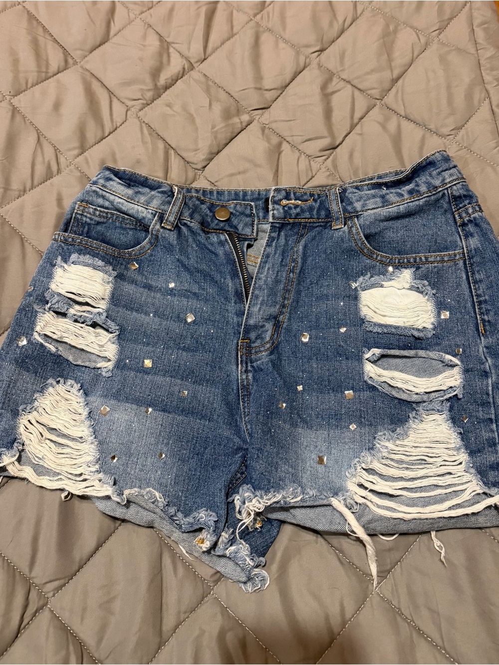 Ripped Blue Denim Women’s Jean Shorts with Stud Detail